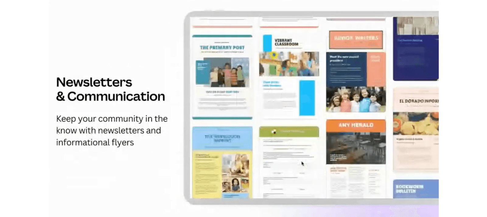 Laptop screen displays Canva newsletter templates with titles like “The Primary Post” and “Vibrant Classroom.” Text on the left highlights using newsletters and flyers to keep communities informed.