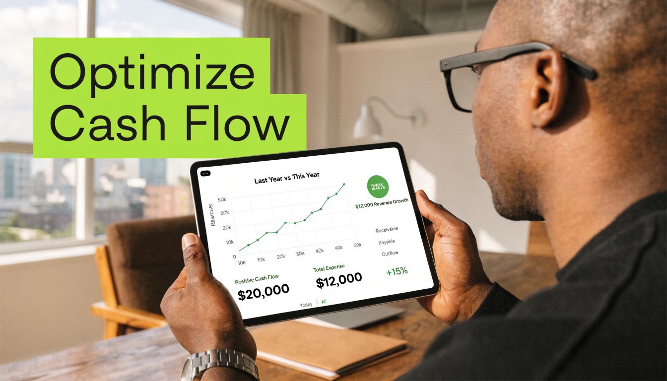 A person reviewing business financial growth charts and cash flow metrics on a digital tablet screen.