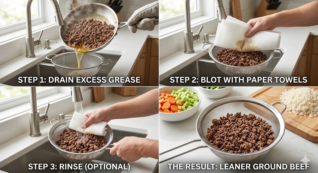 A step-by-step kitchen guide for creating leaner ground beef: draining grease, blotting with paper towels, rinsing, and the final lean result.