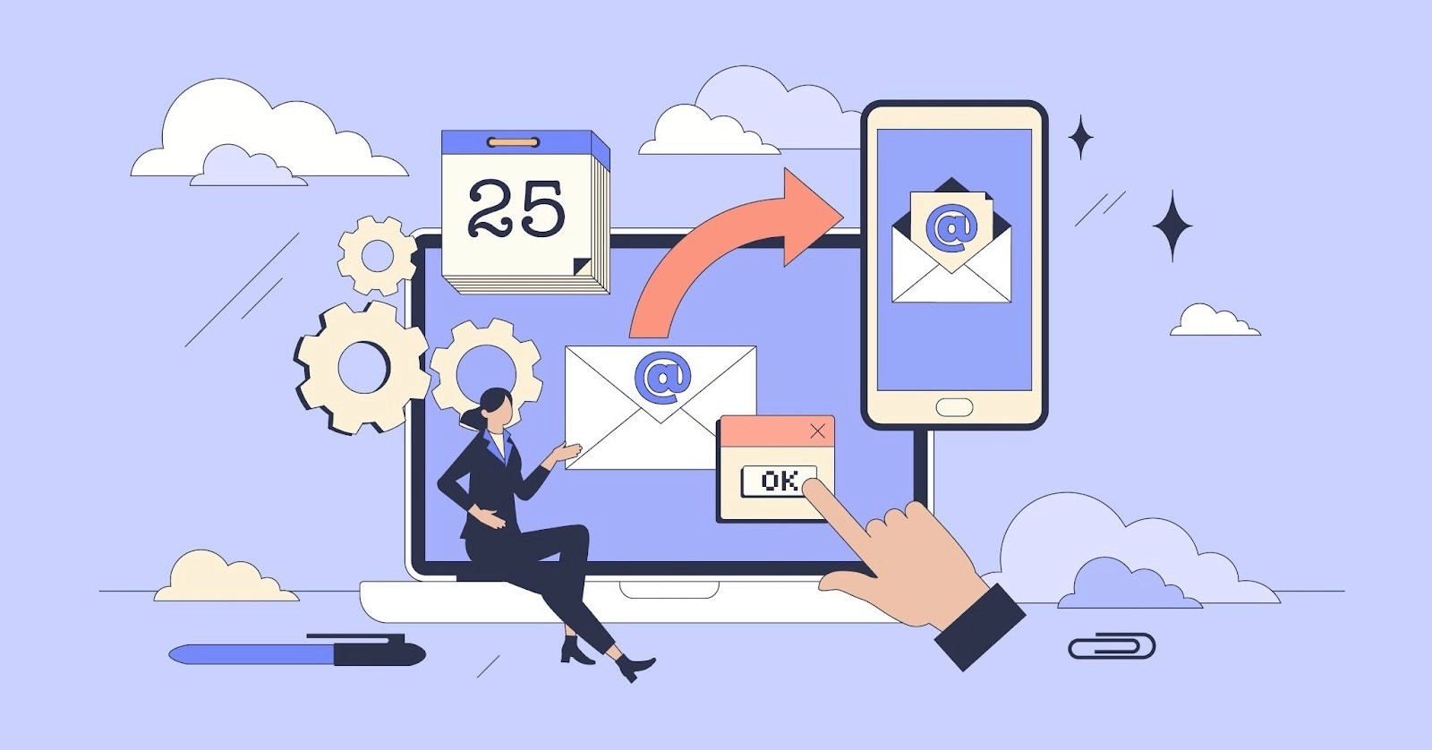 Illustration of automated email outreach workflow with scheduling and mobile delivery.