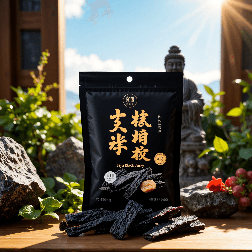 product photography of a box of Jeju black pork jerky