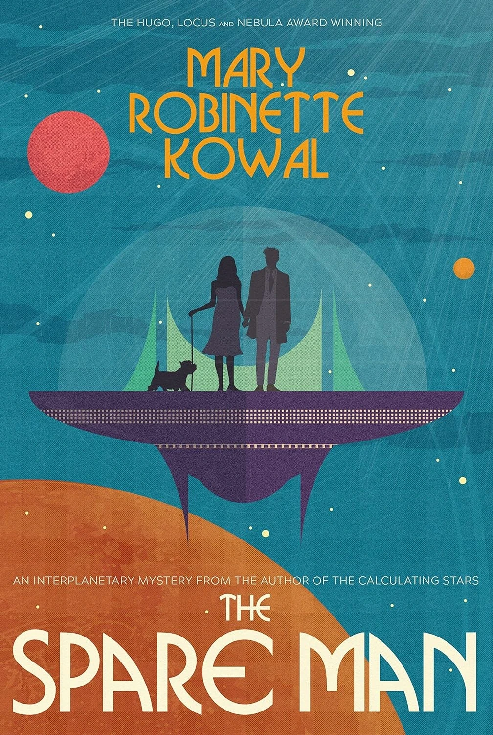 The book cover for "The Spare Man" features a stylized illustration of two silhouetted figures and a dog standing on a futuristic spaceship platform against a cosmic background, highlighting the science fiction and mystery themes.