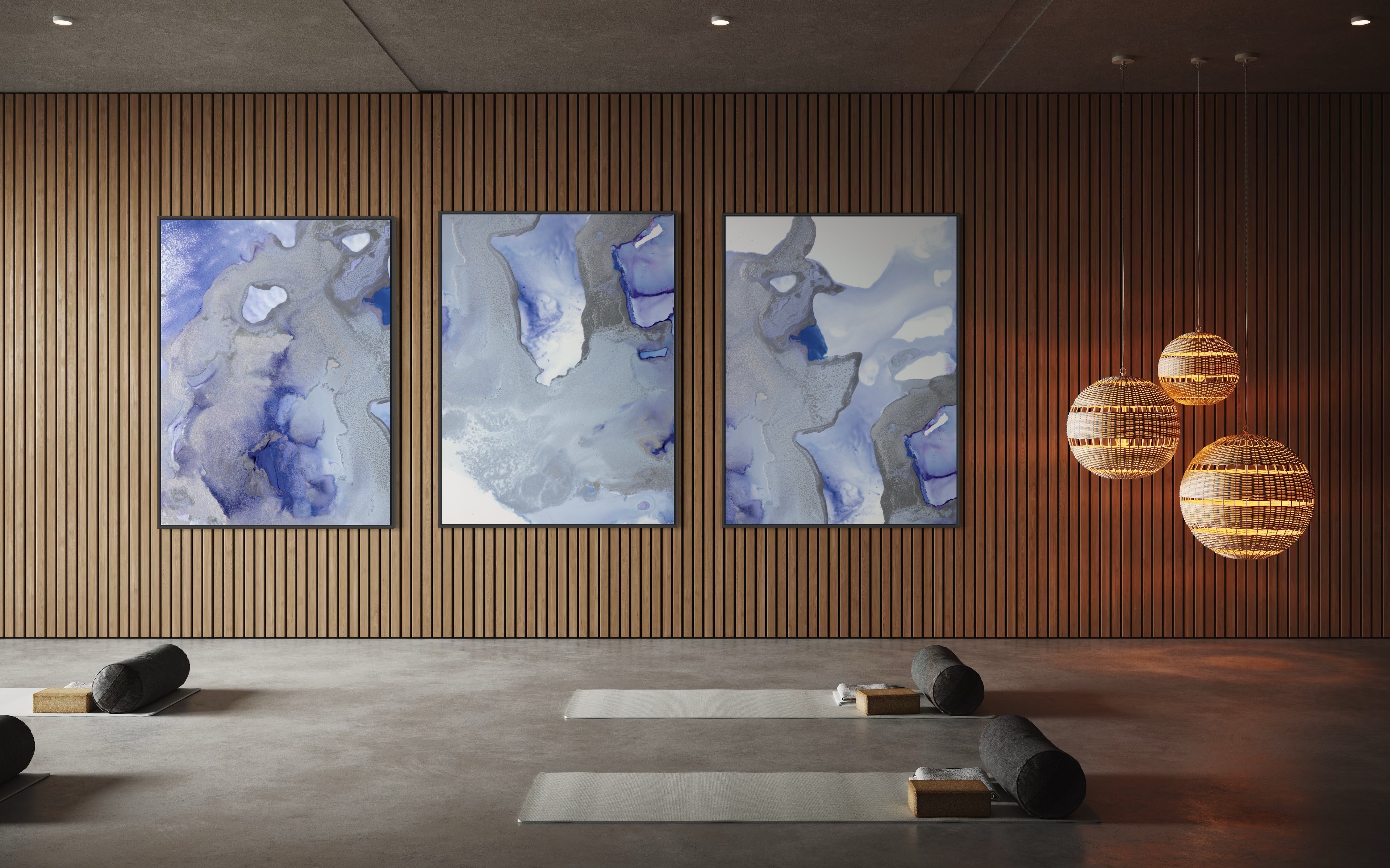 A contemporary art gallery with colorful paintings