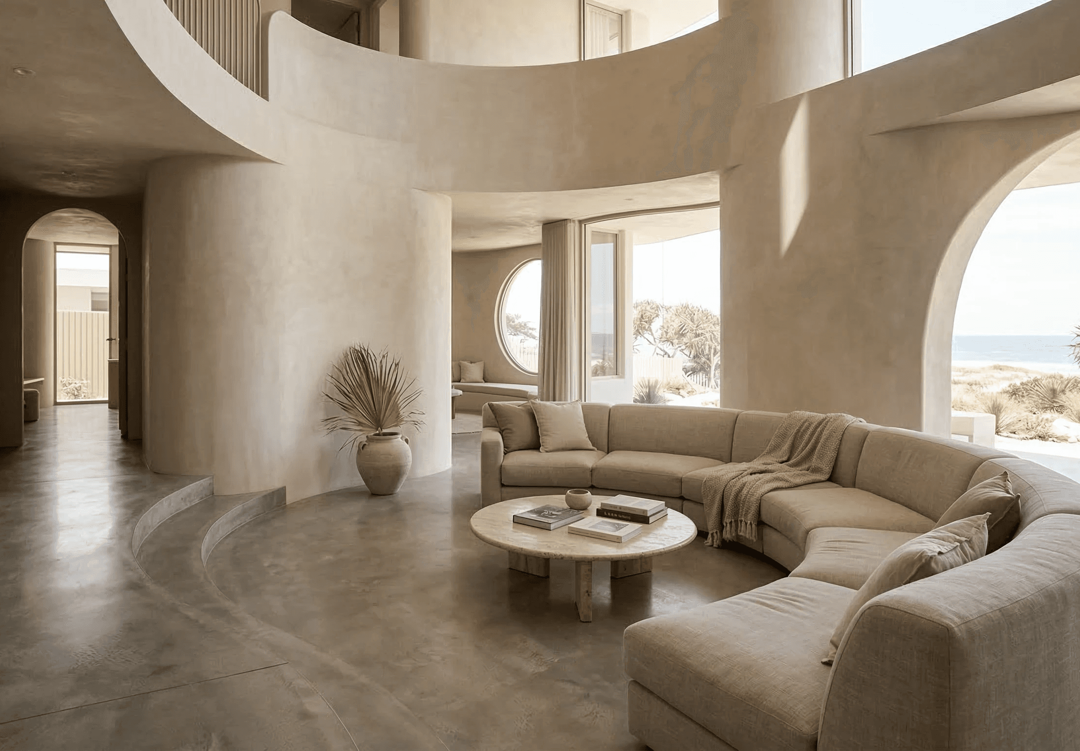 Minimalist entryway with curved walls, pampas grass, and a neutral bench under soft natural light.
