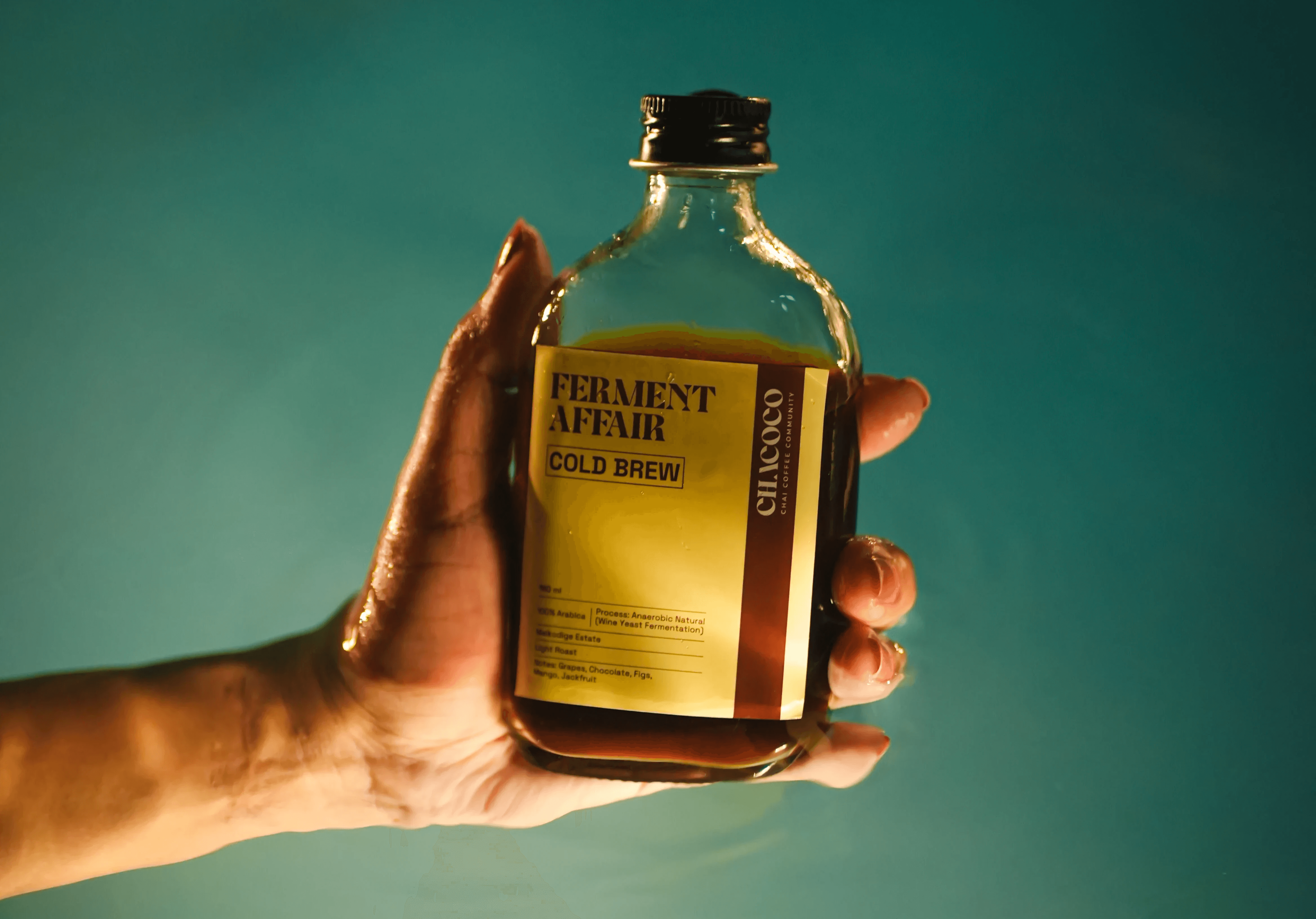 Ferment Affair Cold Brew coffee bottle held in hand