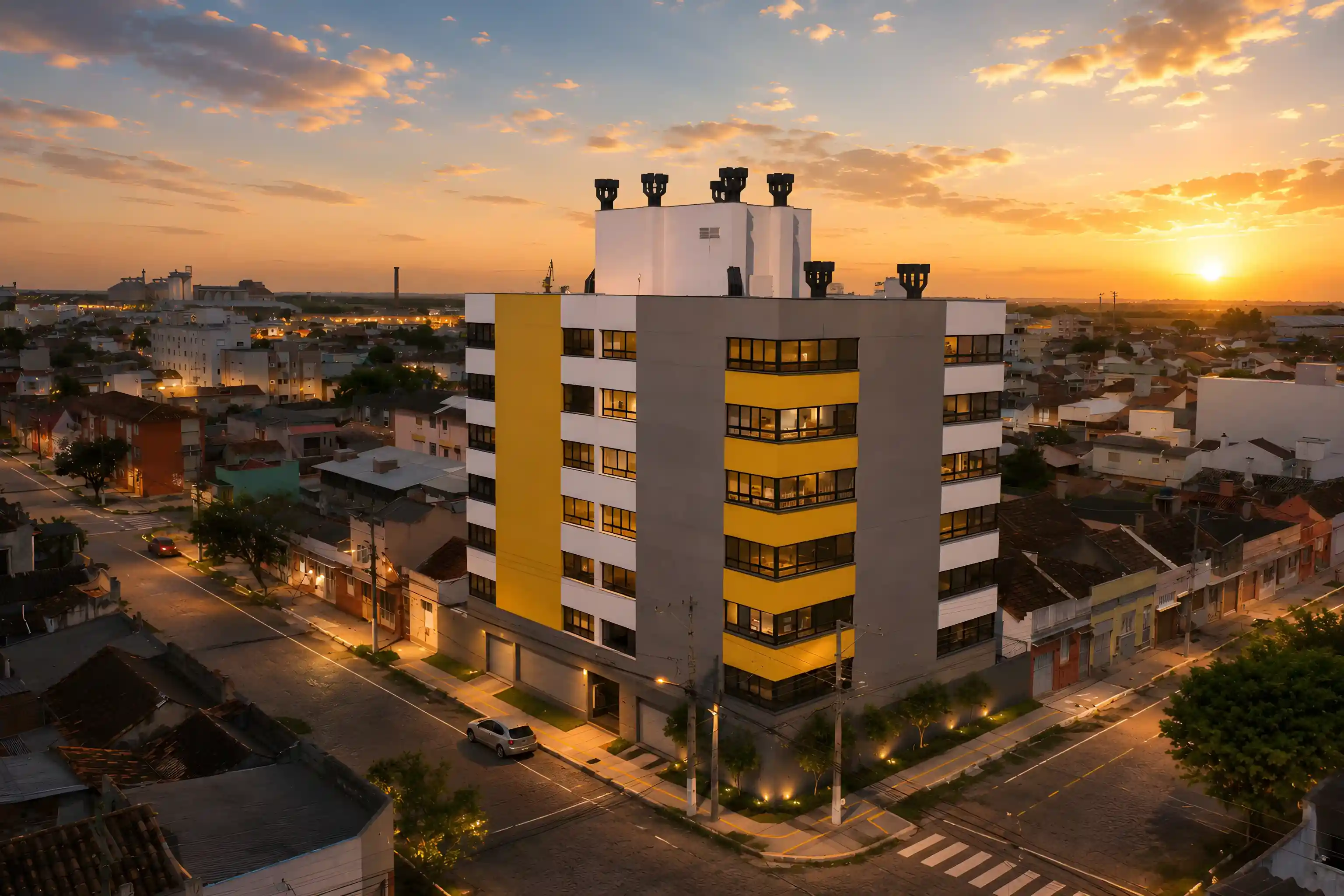 Visão do empreendimento Maestro Residencial em Pelotas ao por do sol