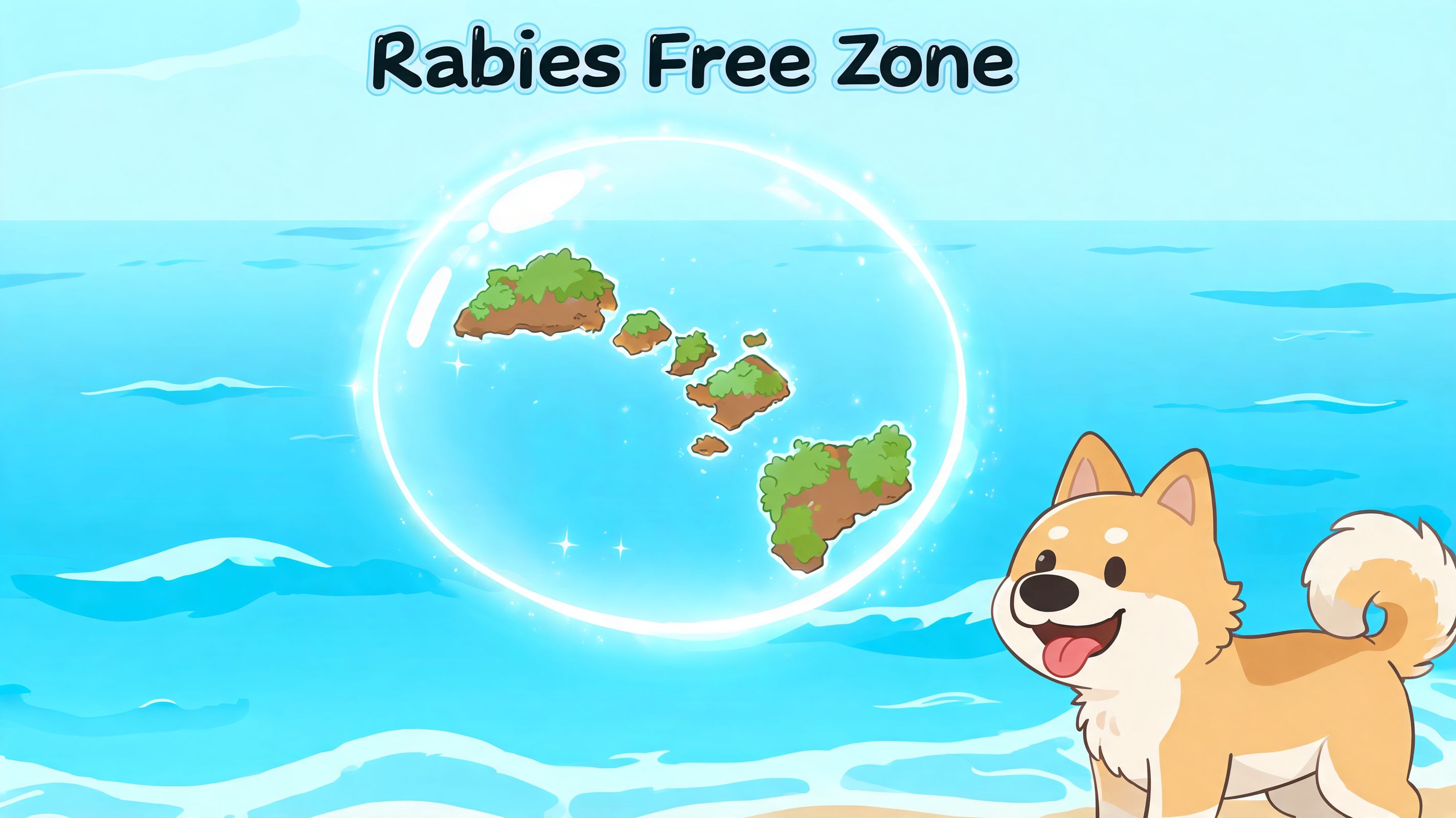An illustrated cute dog standing on a beach with a bubble containing islands, representing Hawaii.