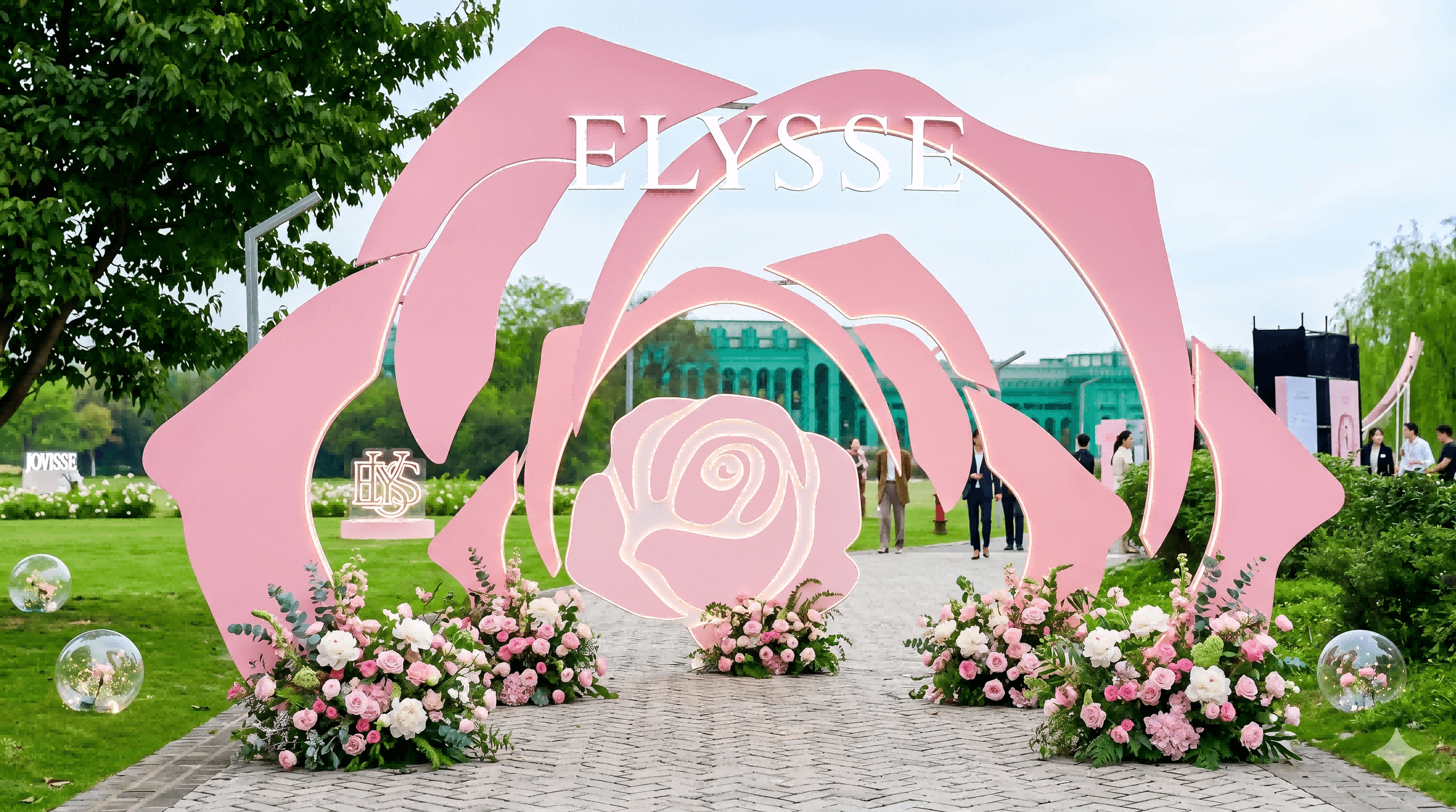 戶外品牌商業發佈會入場場景，賓客穿過巨大玫瑰花拱門步入活動會場，營造高級儀式感與浪漫品牌形象 Outdoor corporate brand launch entrance with large rose arch welcoming guests