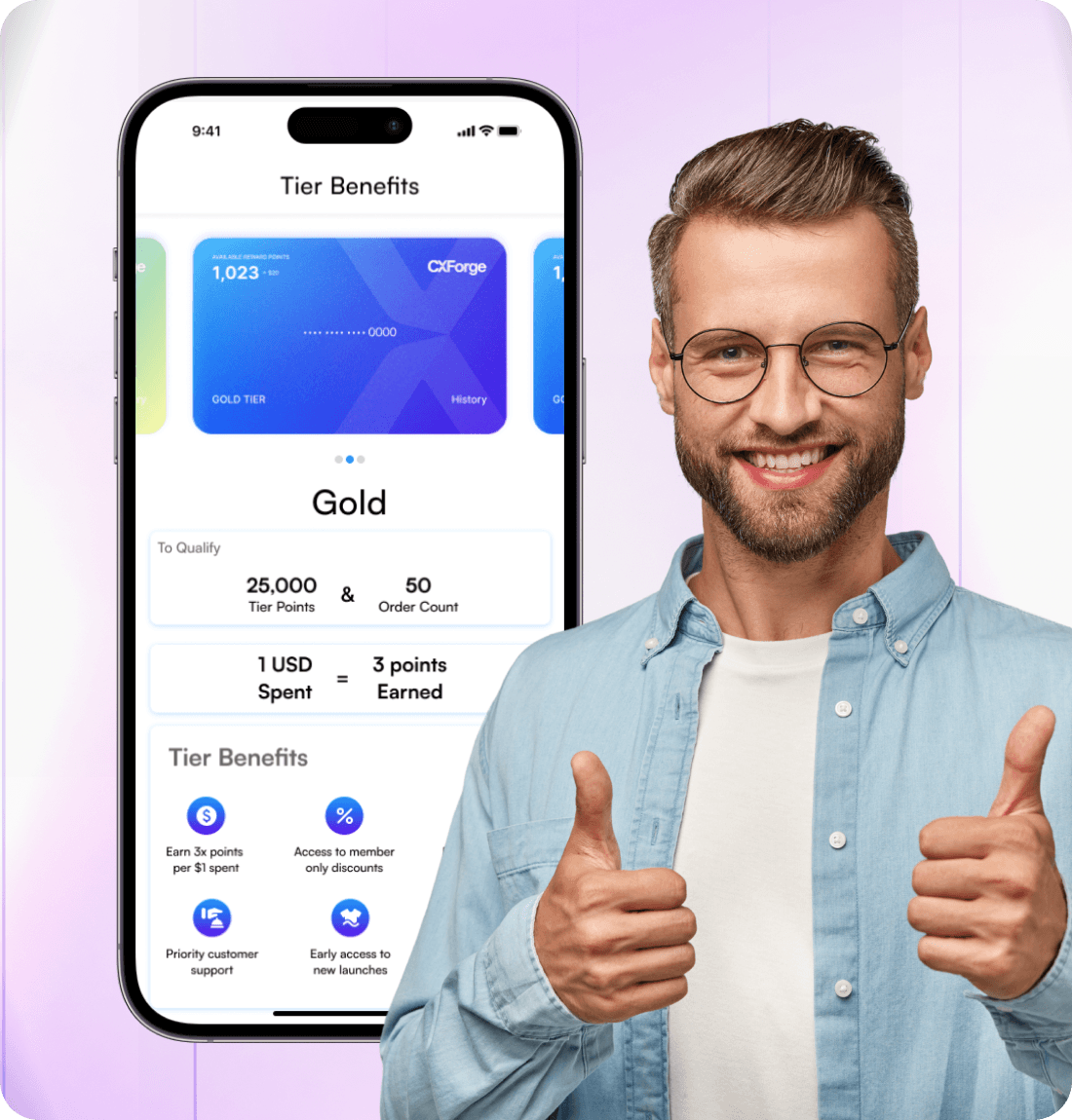 CXForge loyalty program software dashboard illustrating mobile view of it's tier benefits