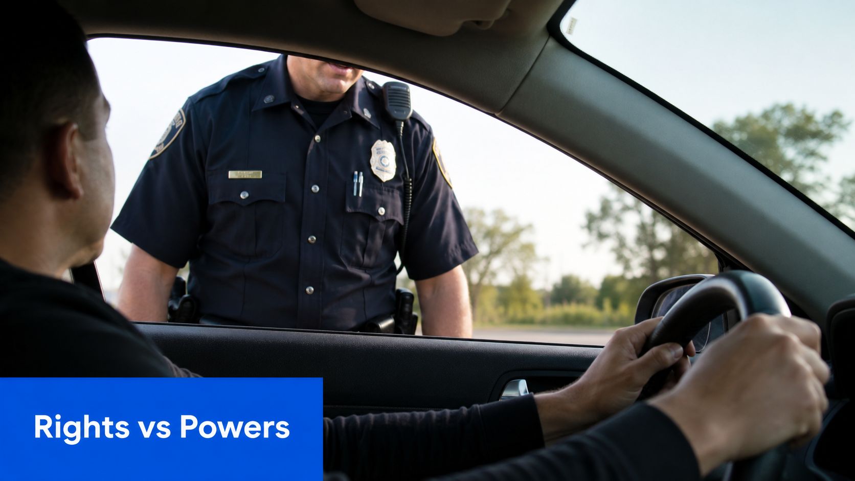 A police officer talks to a driver through the open window of a car during a stop.
