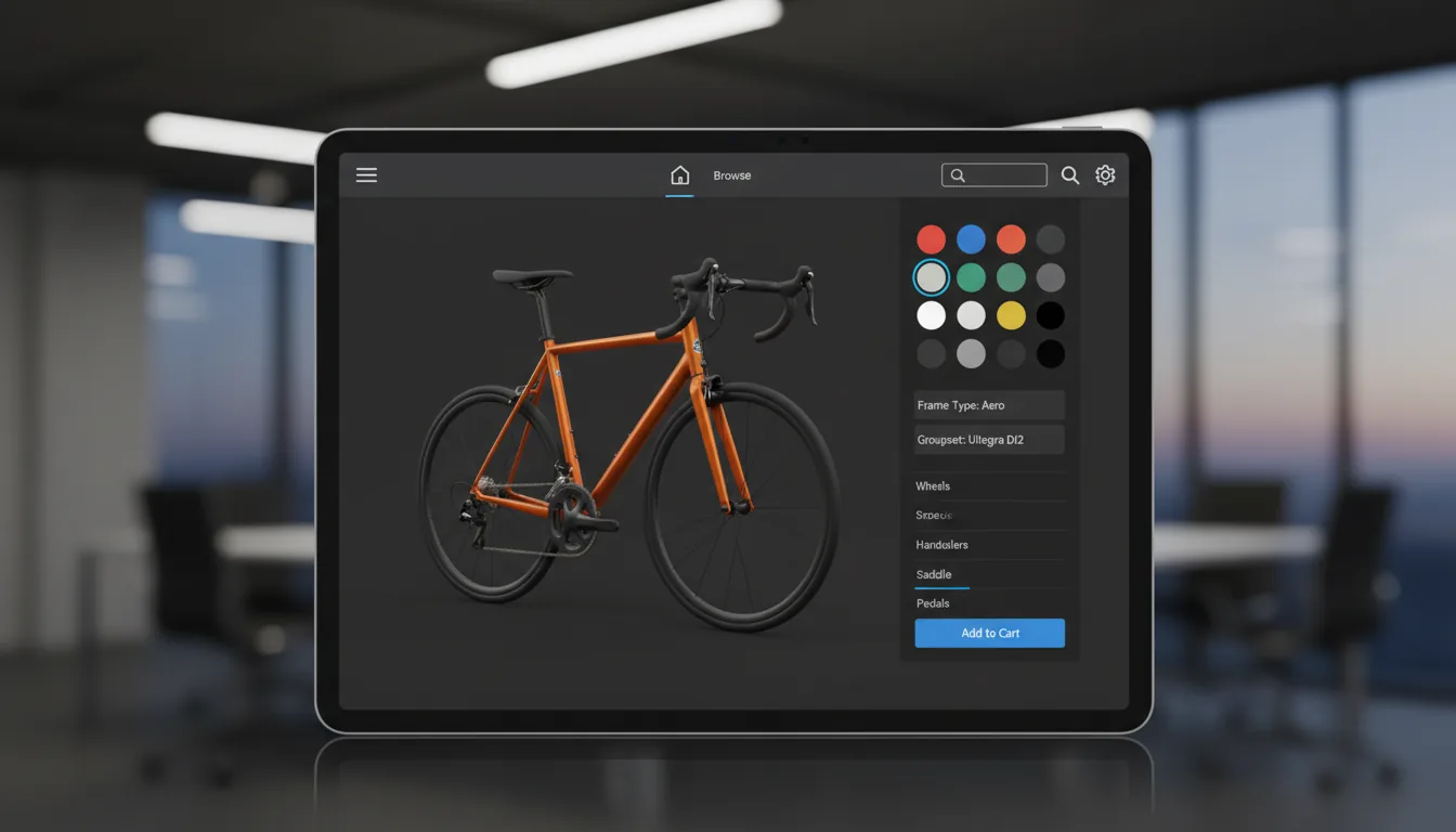 A modern dark mode UI for a 3D bicycle configurator, displayed on a tablet in landscape view. The central focus is a photorealistic 3D render of a metallic orange and black road bike. A right sidebar features a vertical list of customization options, including a grid of circular color swatches, dropdown menus with placeholder data, and abstracted text lines. The SaaS dashboard style interface uses a dark charcoal background with clean white typography and muted blue accent colors for buttons and selected items. A minimalist top toolbar shows simple navigation UI elements.