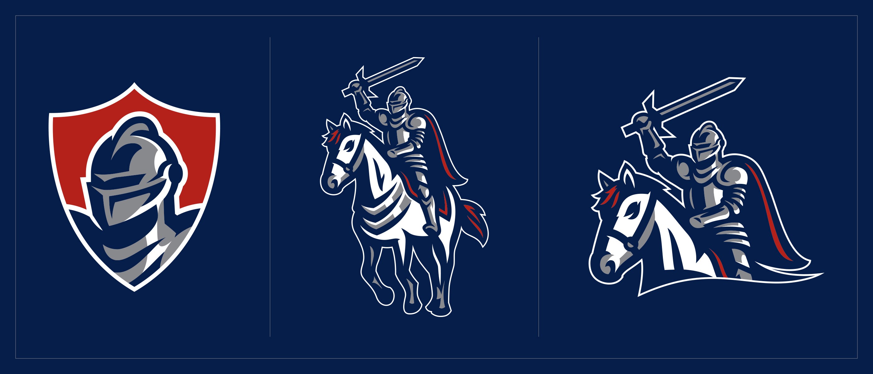 Grace Academy knight head, full horse rider + half rider logos on blue background.