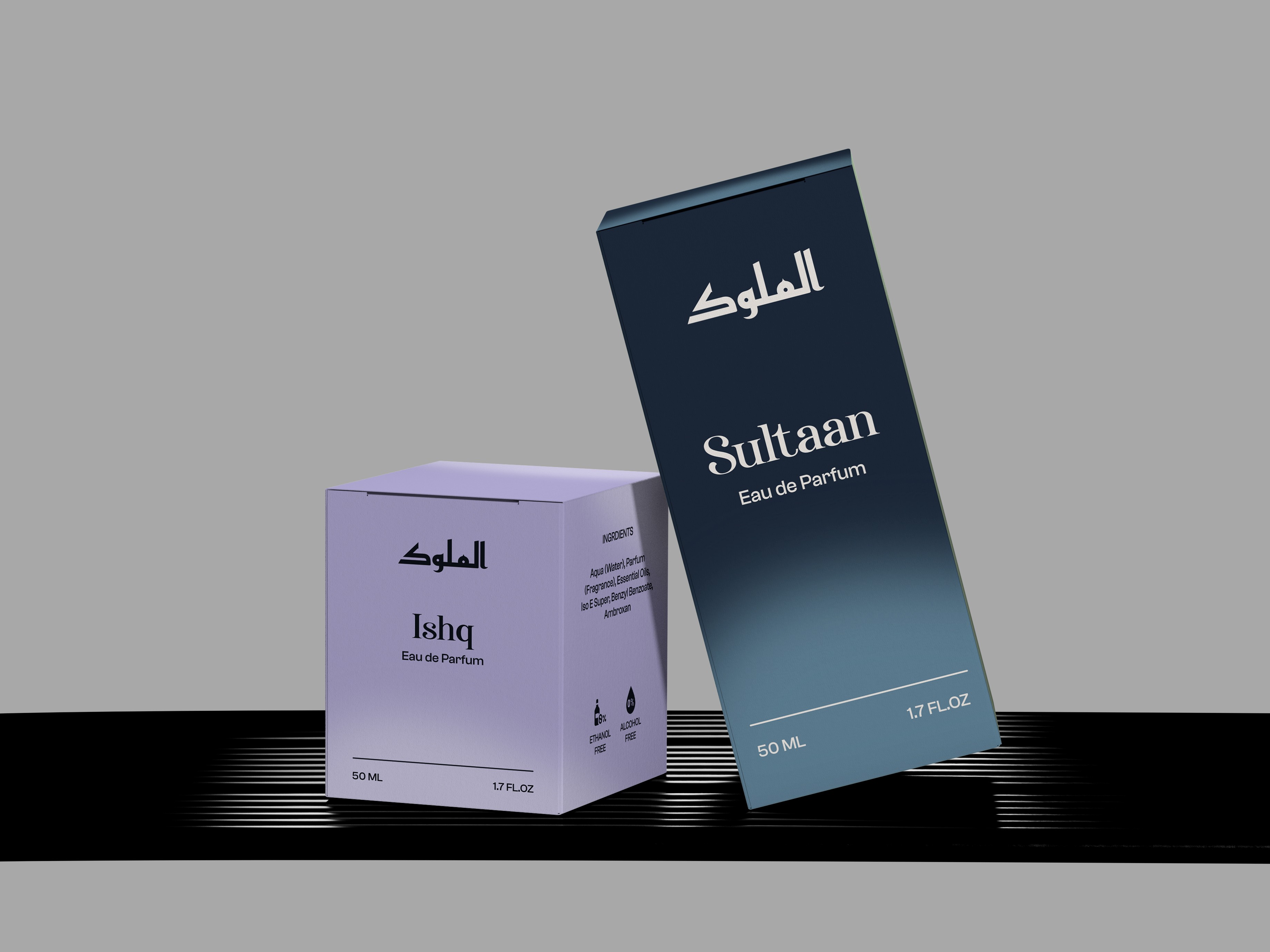Sultaan and Ishq Eau de Parfum packaging displayed together, featuring gradient blue and soft lavender boxes on a dark textured surface.