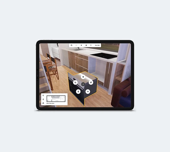 An iPad mockup displaying the responsive version of the Tiny House configurator. Shows how the complex design system adapts seamlessly to touch screens, ensuring a smooth user experience across all devices.