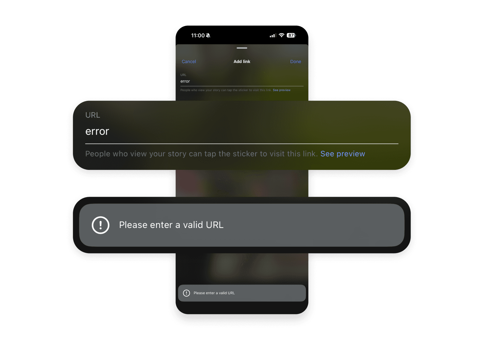 Mobile screen showing an “Add link” interface with an invalid URL entered (“error”) and an error message reading “Please enter a valid URL.”