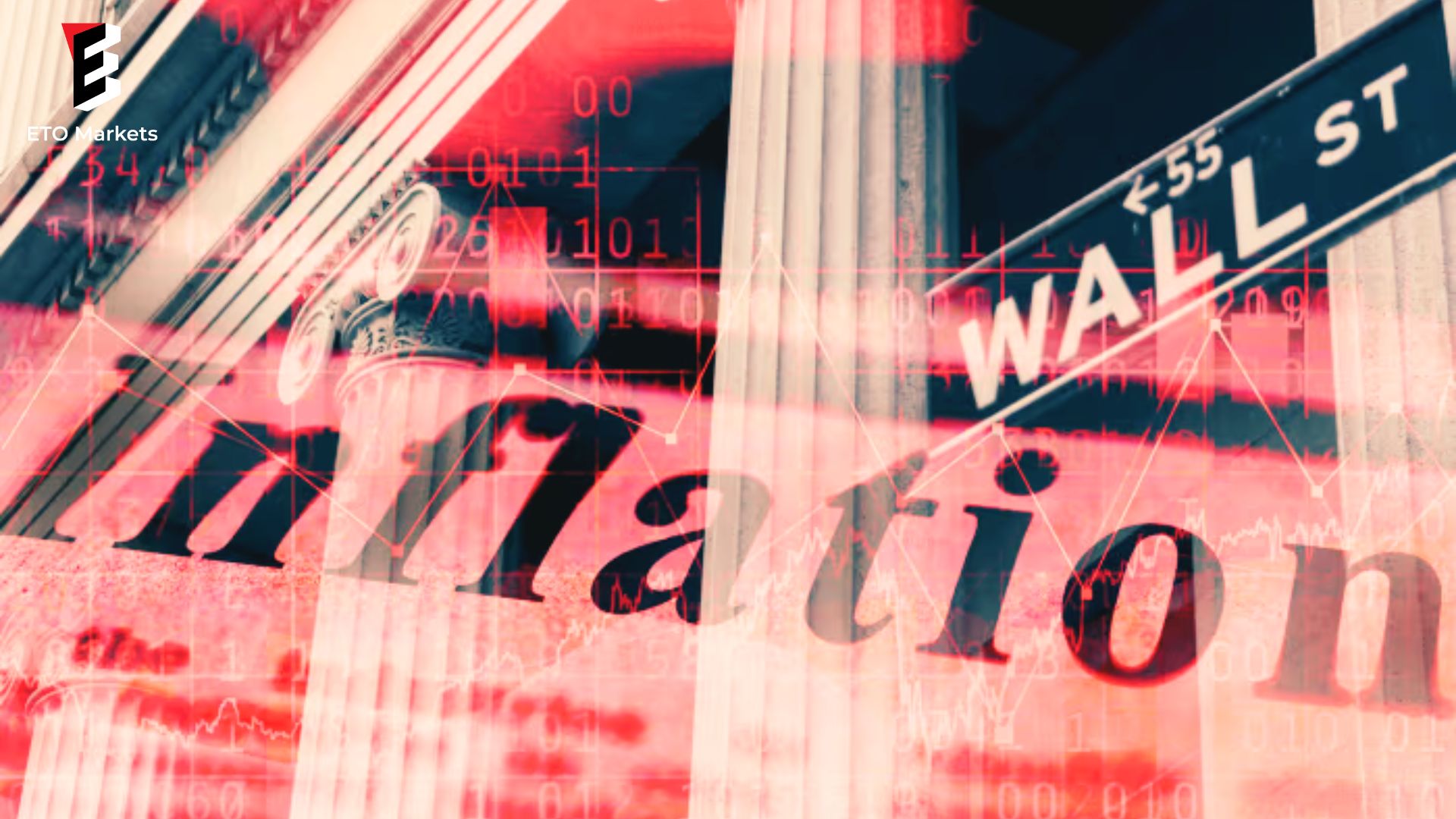A street sign displaying the word "inflation" prominently, set against a backdrop of Wall Street.
