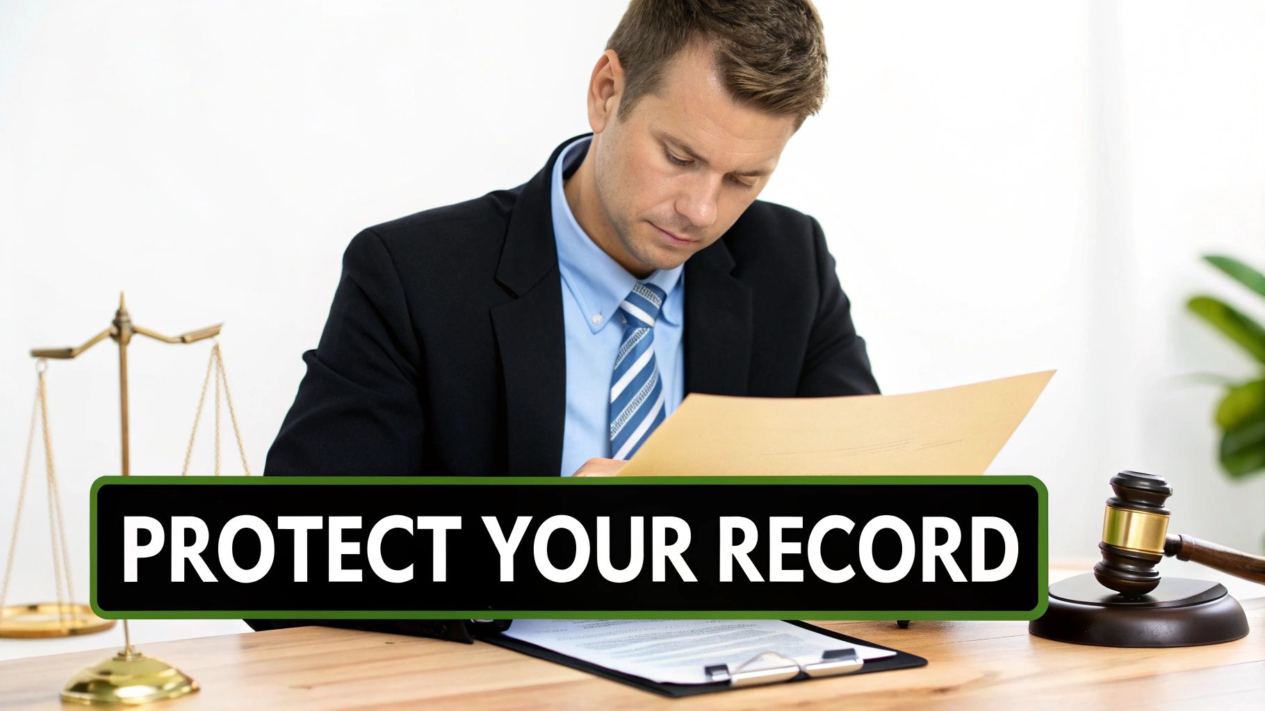 Lawyer reviewing documents with a scale of justice and gavel, text reads: PROTECT YOUR RECORD.