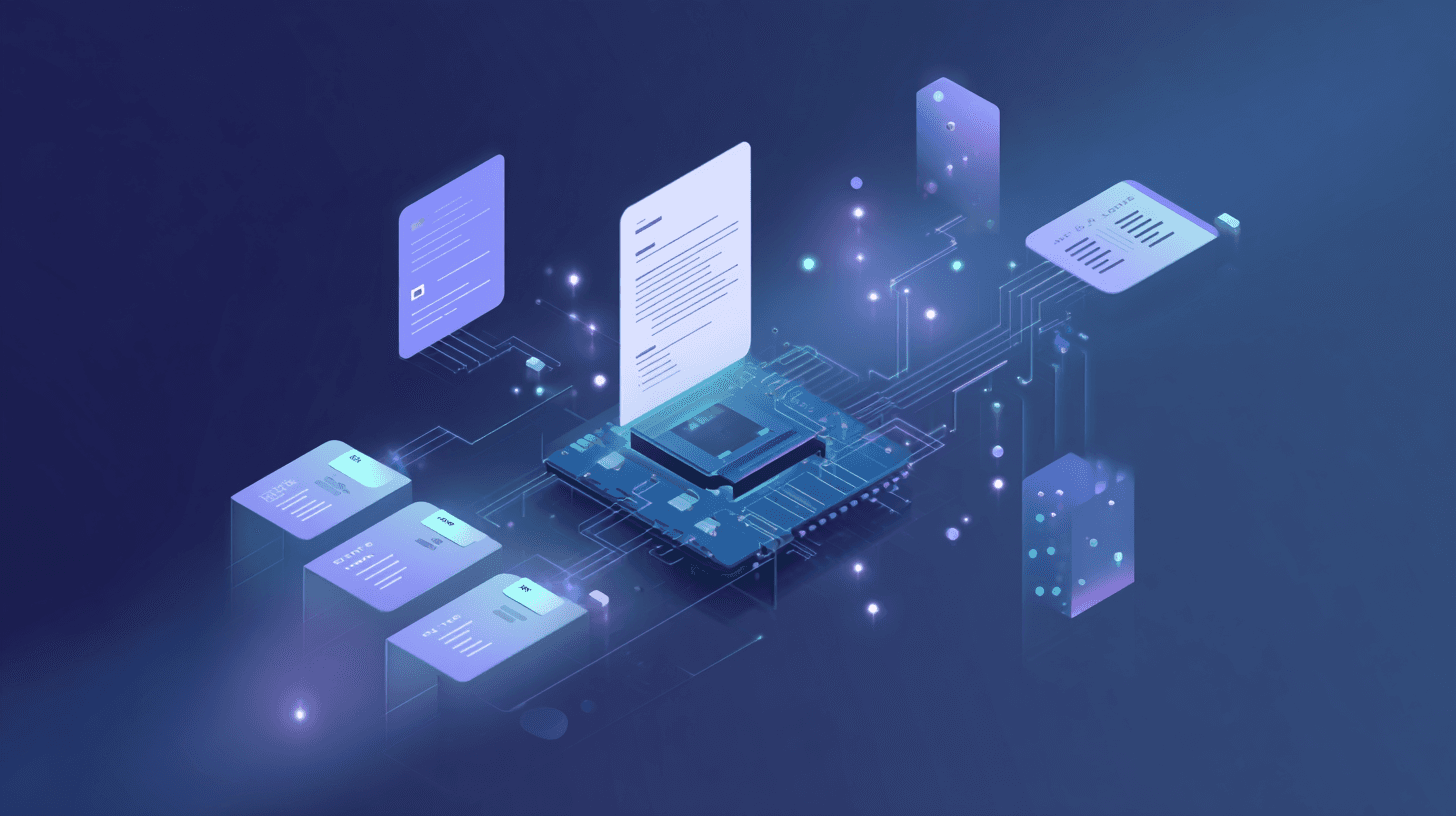 Isometric illustration of a quoting workflow: floating BOM and quote panels linked to a central microchip by glowing data lines