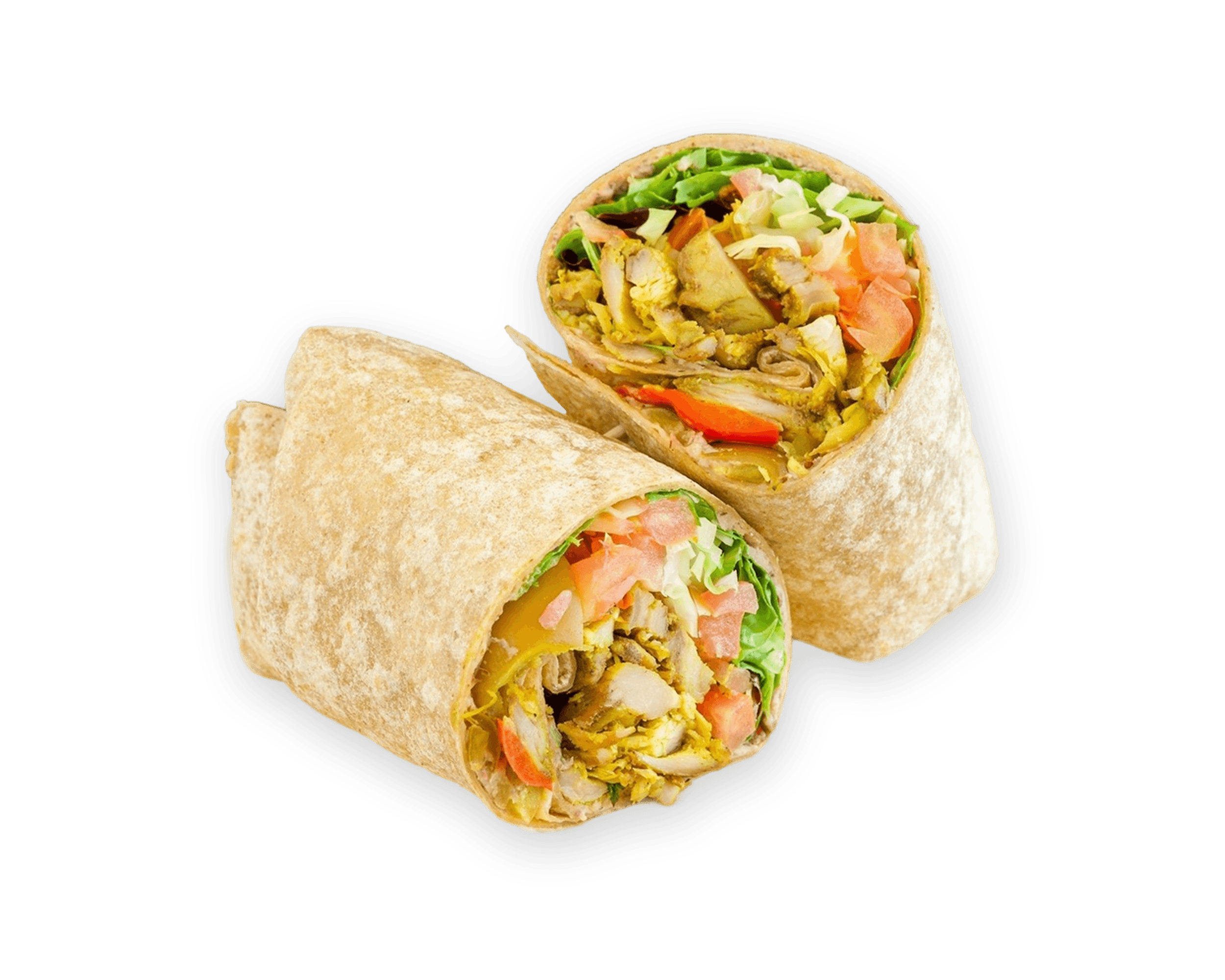 A tightly wrapped Mediterranean tortilla-style wrap featuring fresh vegetables and grilled protein.
