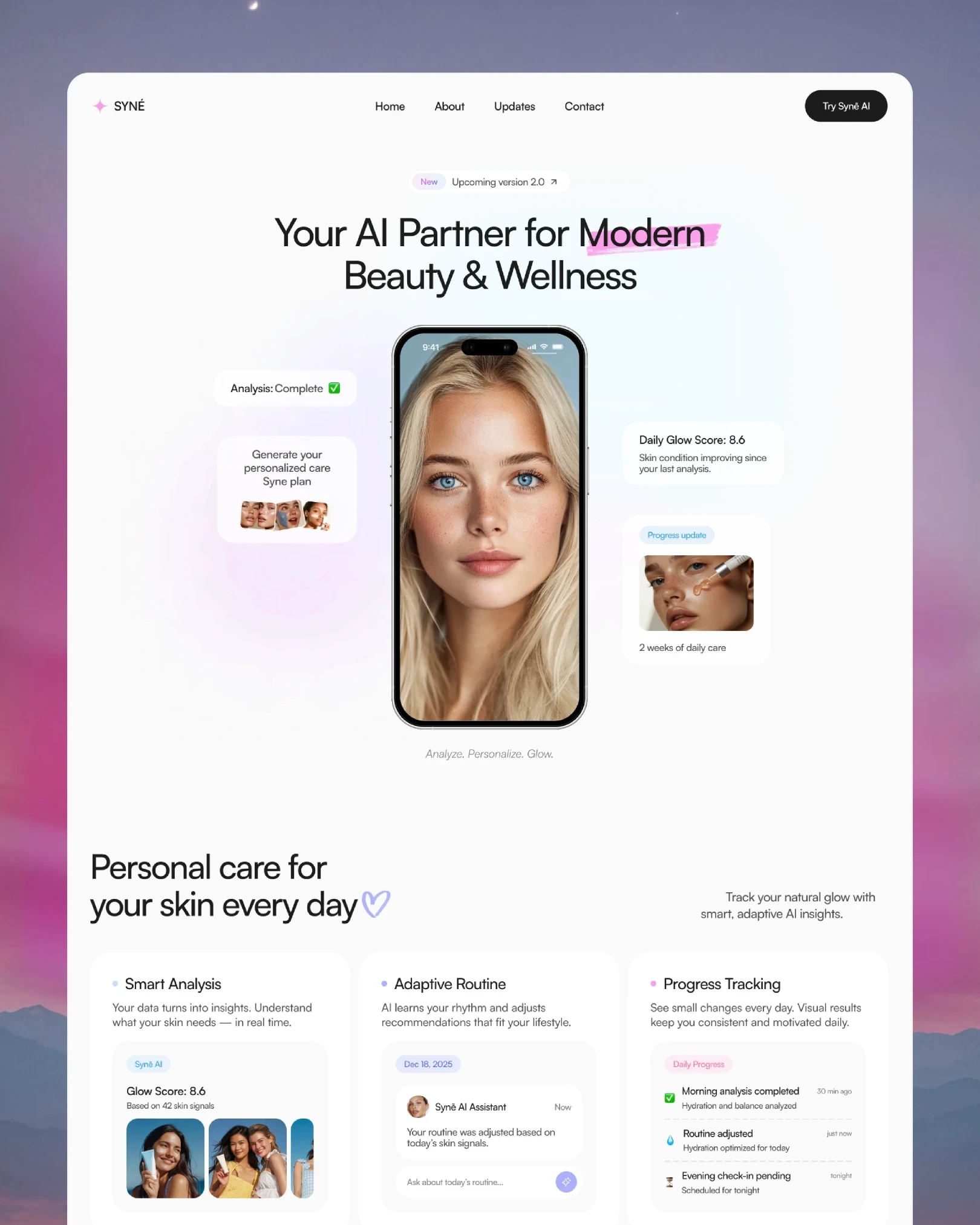 SYNÉ AI skincare app landing page, soft pastel layout with face analysis and daily glow score — web and app UI design by Luna UI design studio