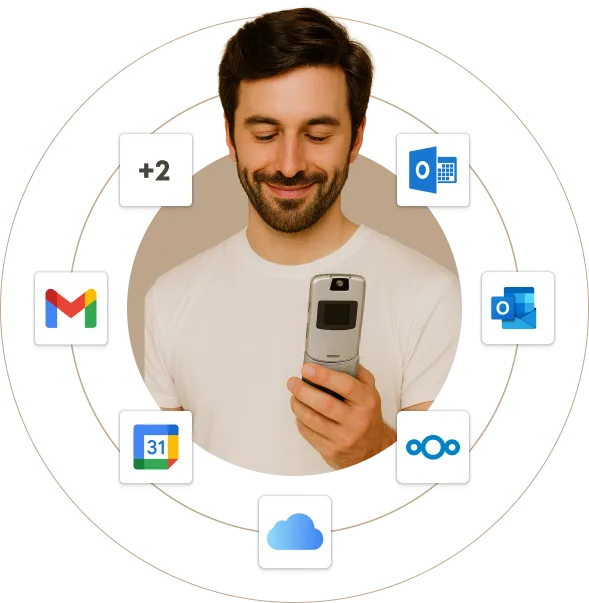 Man looking at a flip phone, surrounded by icons of communication and productivity channels.