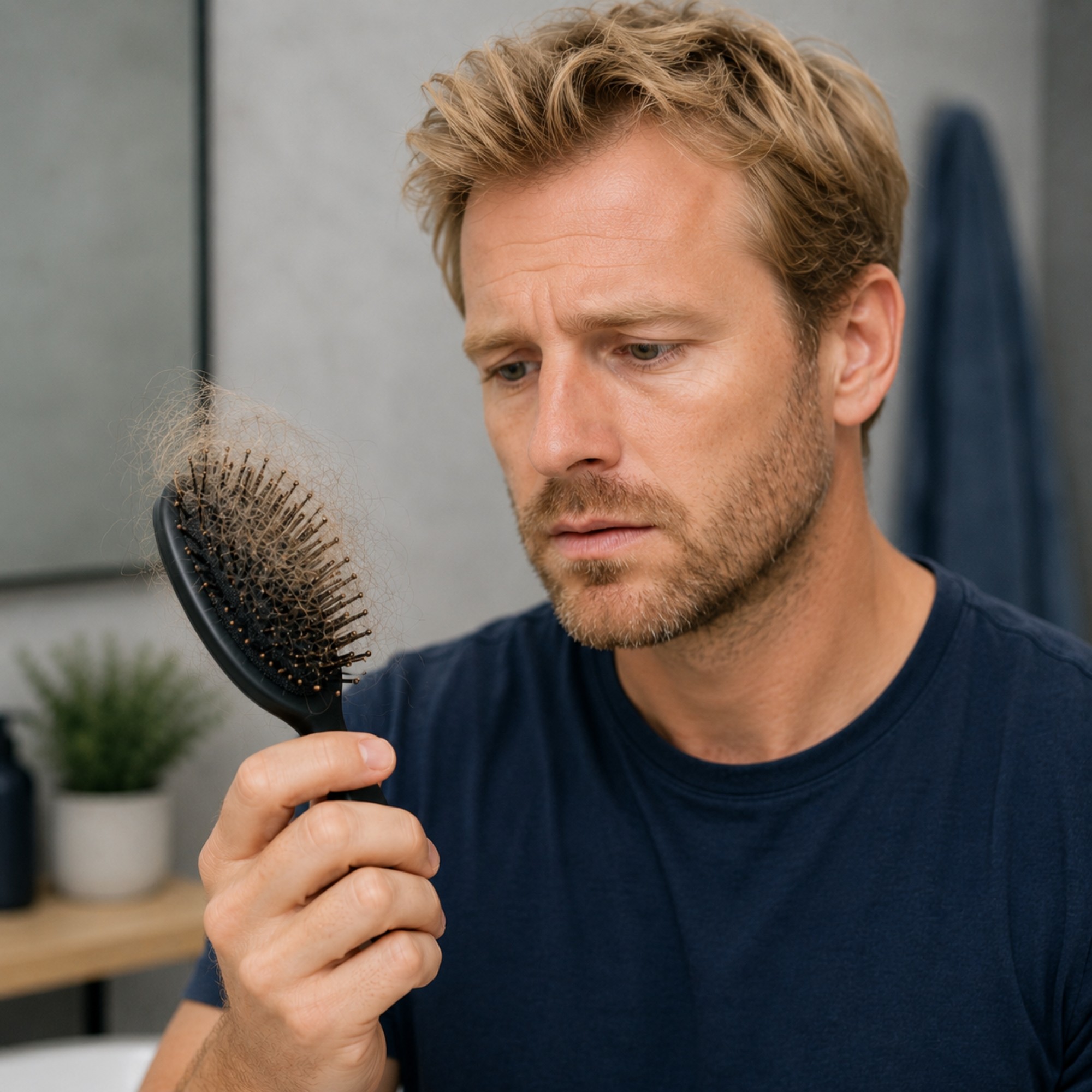 Persoon ziet tijdens het borstelen meer uitgevallen haren als mogelijk teken van aanhoudend haarverlies.