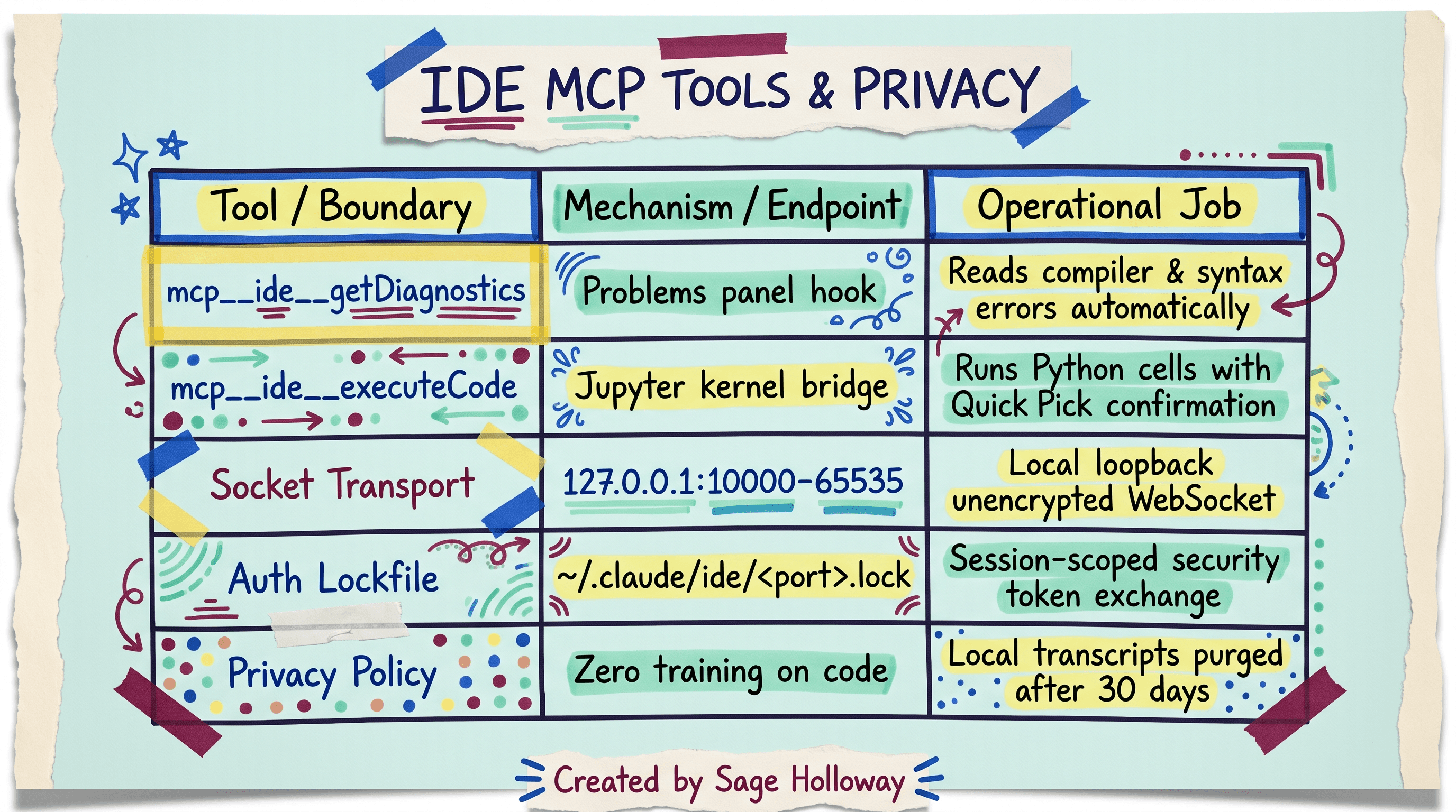 Reference table of built-in IDE MCP tools and security boundaries for Claude Code in VS Code