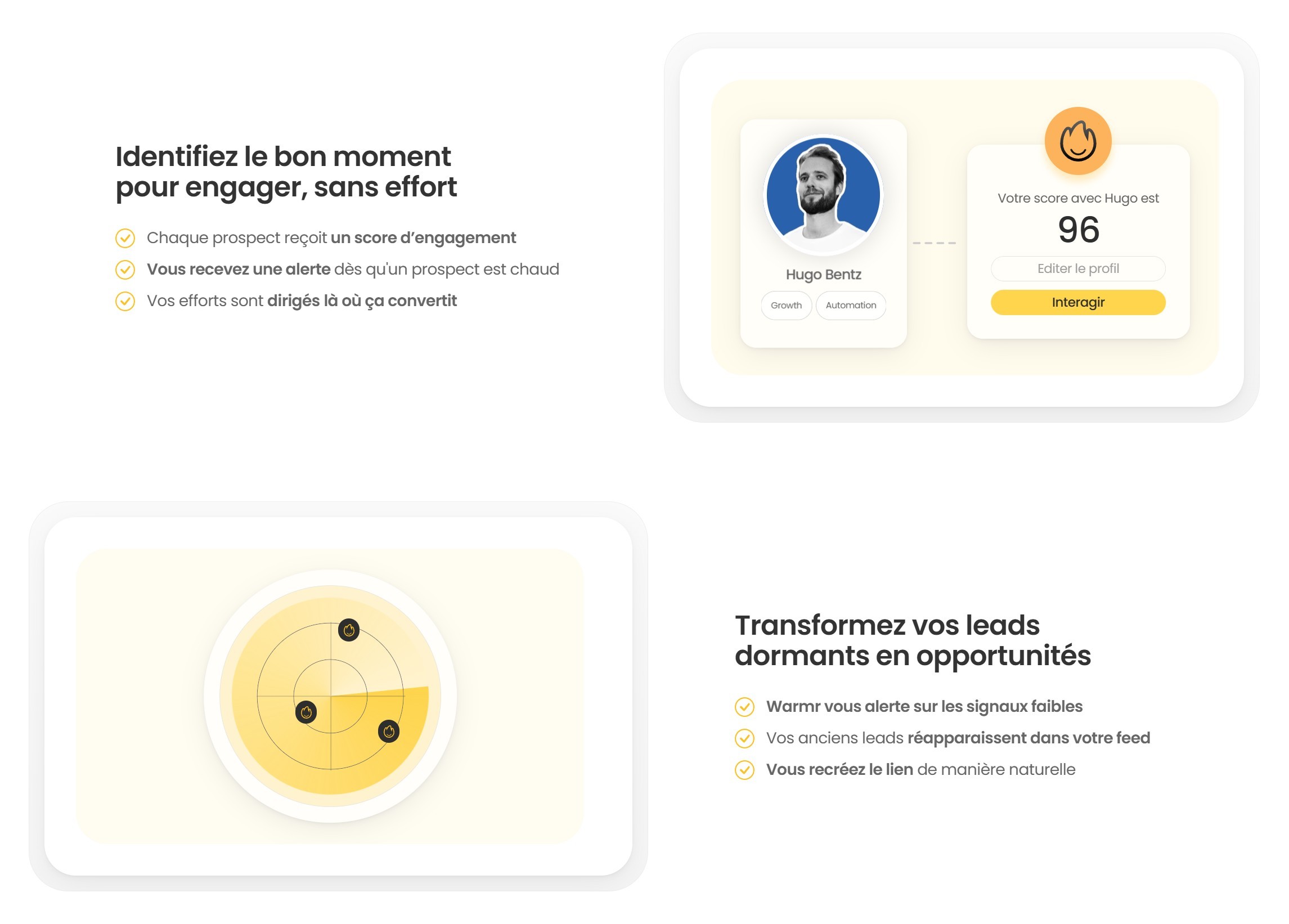 section bénéfices suite landing page warmr