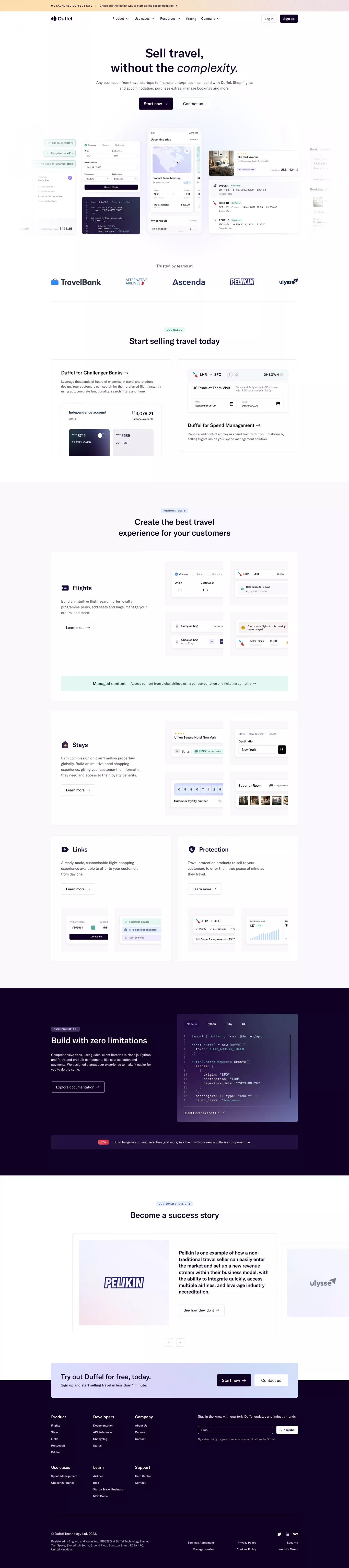 Duffel - The best API to sell travel. landing page screenshot showcasing Travel and Tech design