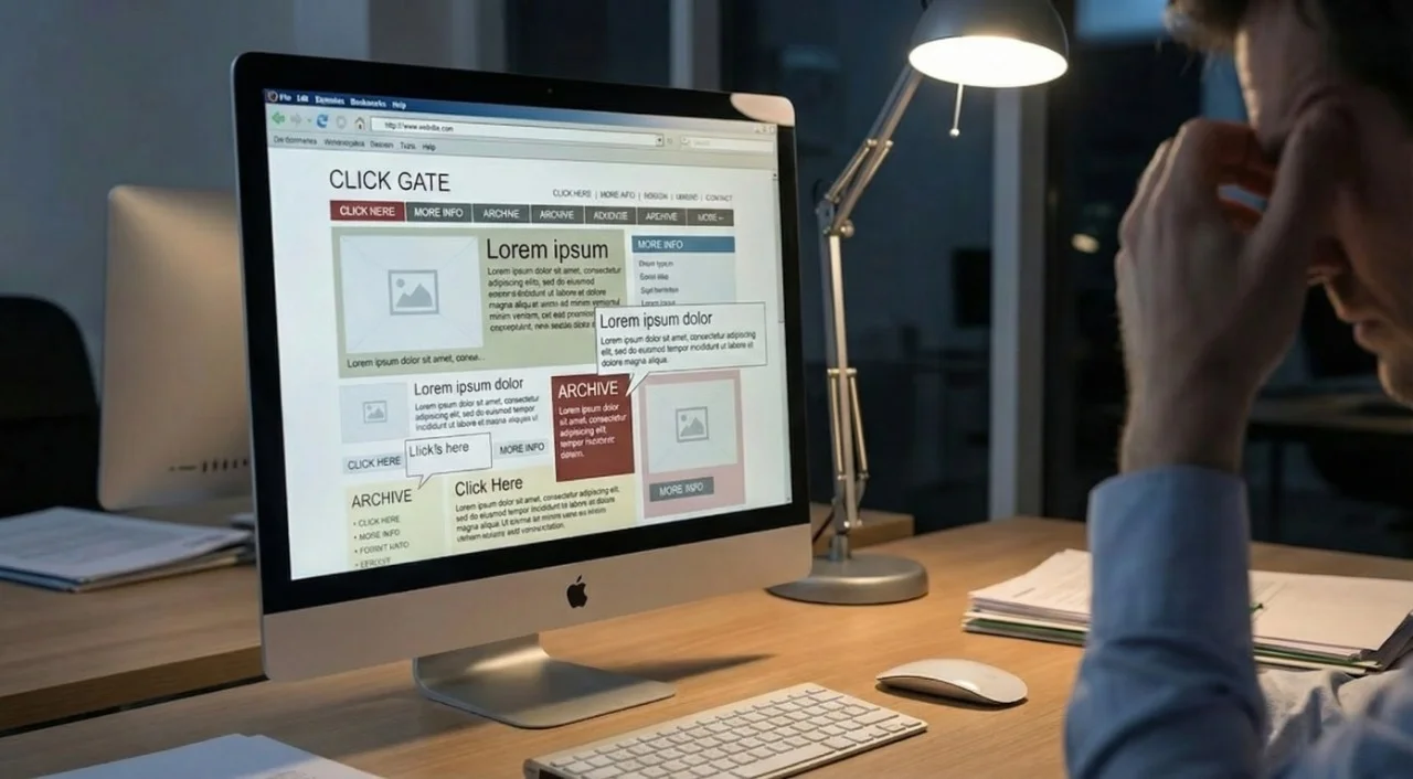 A visual representation of a frustrated user struggling with a cluttered website, highlighting the need for professional UI/UX website redesign services by Mahendra R.