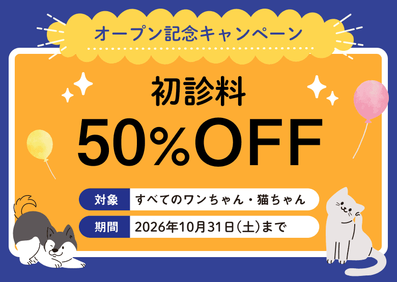 Peco動物病院グループ田園調布院、オープン記念キャンペーン。 初診料50%OFF。すべてのワンちゃん・猫ちゃんが対象です。2026年10月31日(土)まで。