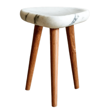 Handcrafted white marble top wooden stool with natural wood legs
