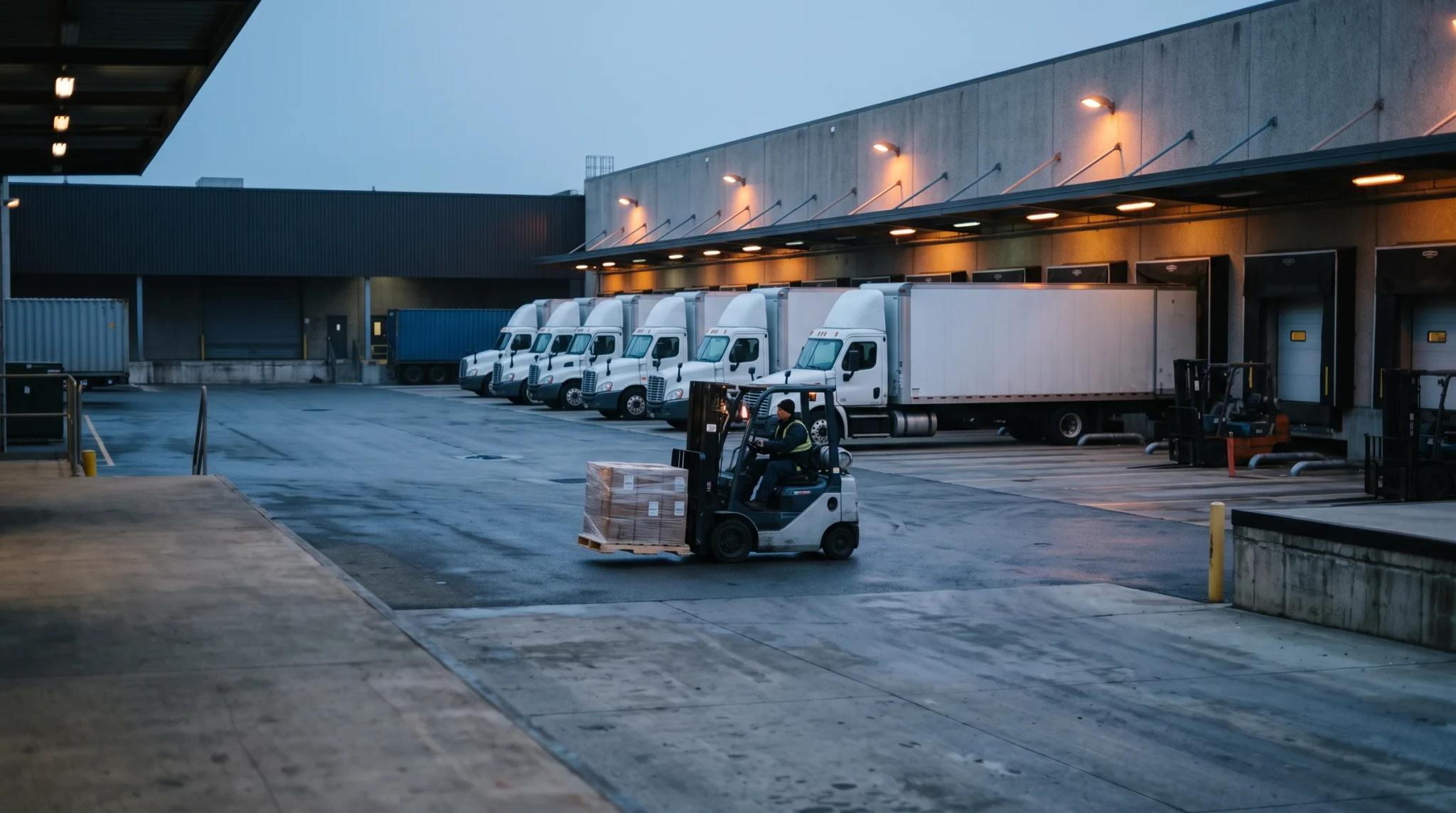 Vans being loaded at the dispatch dock at dusk