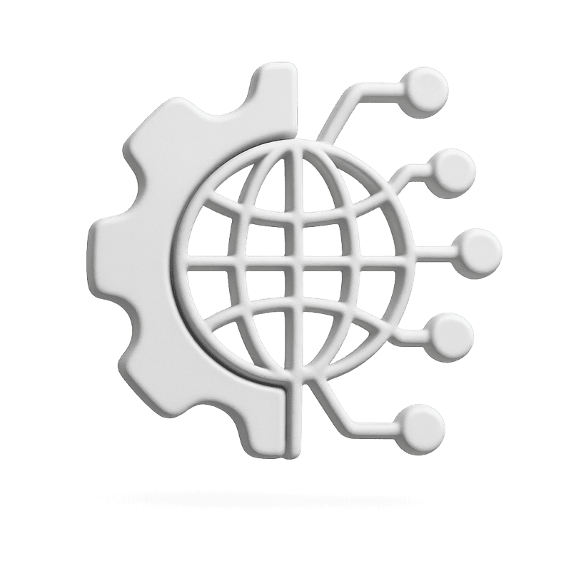 Icono de engranaje y globo digital que simboliza el proceso de inversión 100 % digital.