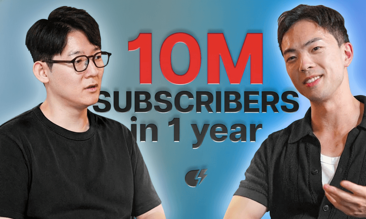 Podcast thumbnail featuring two men in conversation. Bold red and black text in the center reads '10M SUBSCRIBERS in 1 year' against a blue gradient background. On the left, a man with black hair and glasses wears a plain black shirt. On the right, Hafu Go smiles in a black short-sleeve shirt and white undershirt, gesturing with his hand. A small lightning bolt logo appears below the text.