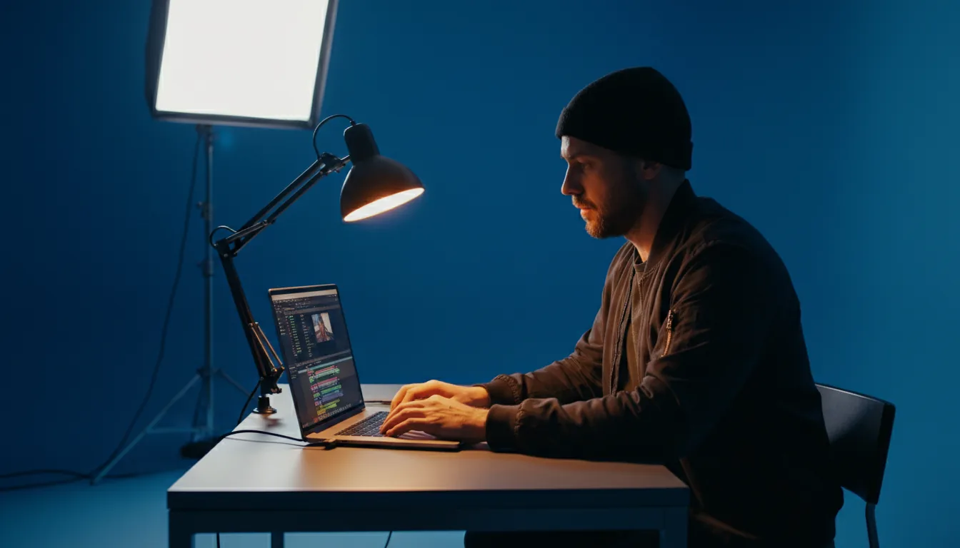 DSLR photography, medium shot of a focused video editor in his 30s working in a production studio. He wears a black beanie and a dark jacket, sitting at a minimalist metal desk with a professional laptop. The scene is defined by cinematic contrast lighting: the studio is saturated in a deep blue ambient light, strongly contrasted by a warm orange glow from an articulated desk lamp on his workspace. In the background, a large studio softbox light on a stand is visible against a seamless blue wall.