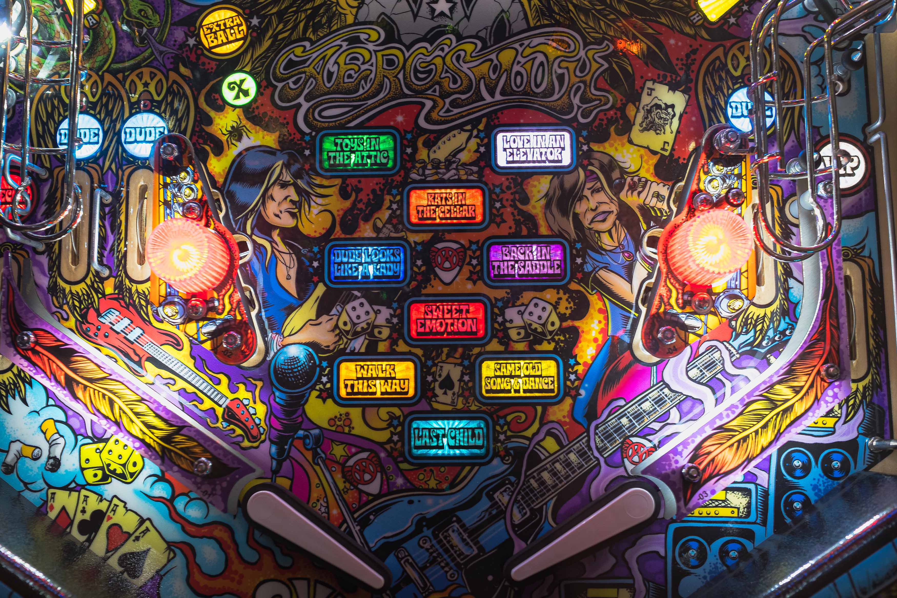 Close-up of an Aerosmith pinball machine playfield featuring colorful comic-style artwork of band members, guitars, dice, and song titles like “Sweet Emotion,” “Walk This Way,” and “Love in an Elevator.”