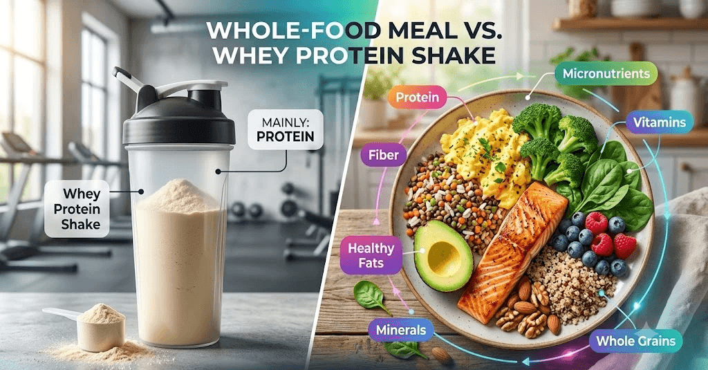 A detailed nutrition infographic comparing a whey protein shake to a colorful whole-food protein meal. The whole-food meal features grilled salmon, eggs, lentils, avocado, broccoli, spinach, and quinoa, surrounded by floating labels for 'Protein,' 'Fiber,' 'Healthy Fats,' 'Vitamins,' 'Minerals,' 'Micronutrients,' and 'Whole Grains.' The shaker bottle highlights 'Protein' as its primary nutrient, illustrating the limited nutritional profile of a supplement versus the diverse nutrients in real food for muscle health.
