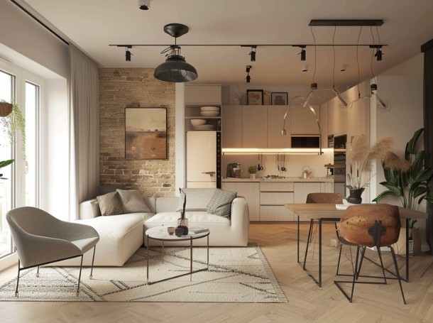 Jasny salon połączony z kuchnią w stylu nowoczesnym, z beżową sofą narożną, stołem jadalnym z brązowymi krzesłami, ceglaną ścianą i dużym oknem wpuszczającym naturalne światło.