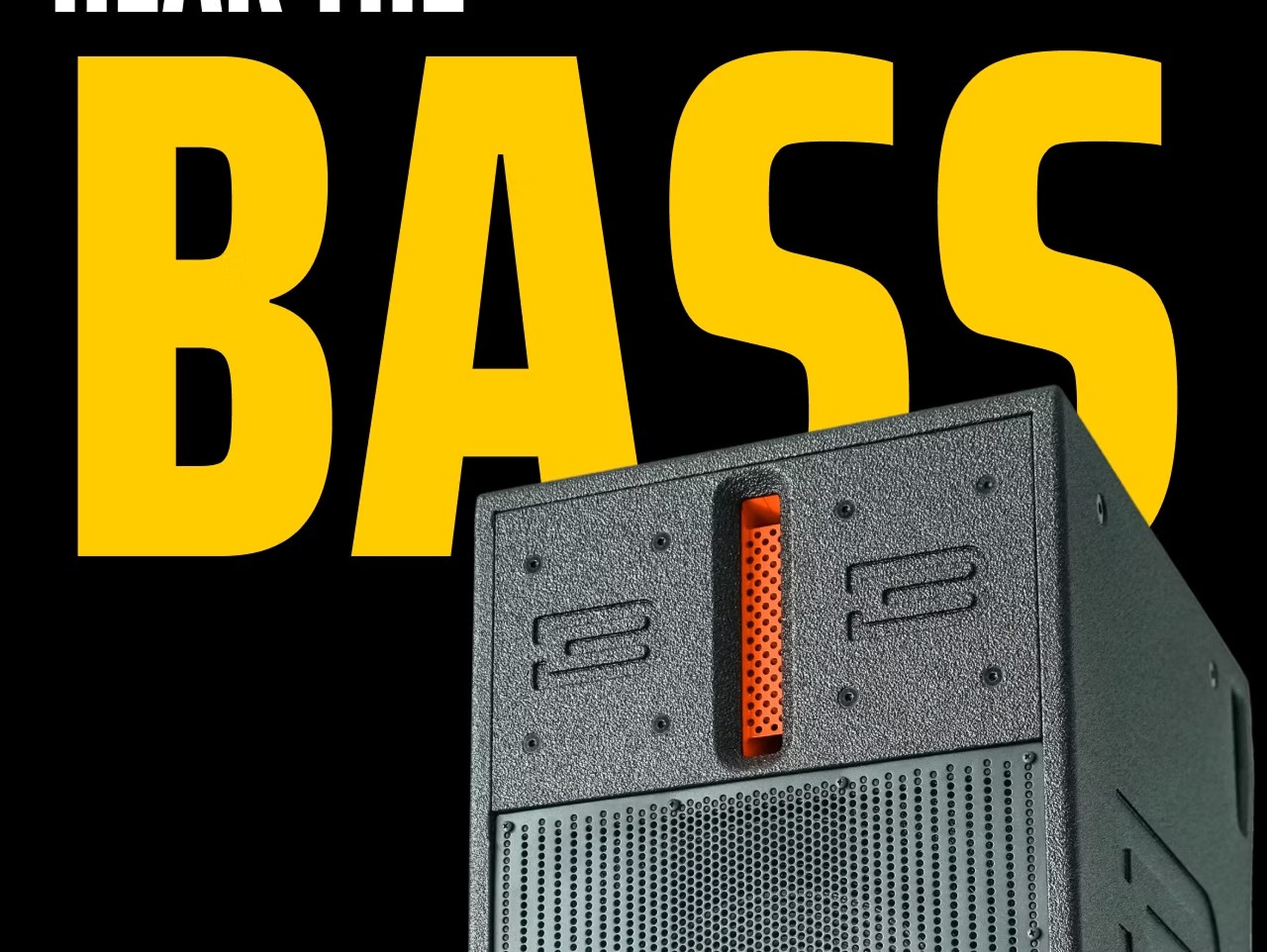 Large yellow text "BASS" over a black background and a speaker cabinet.