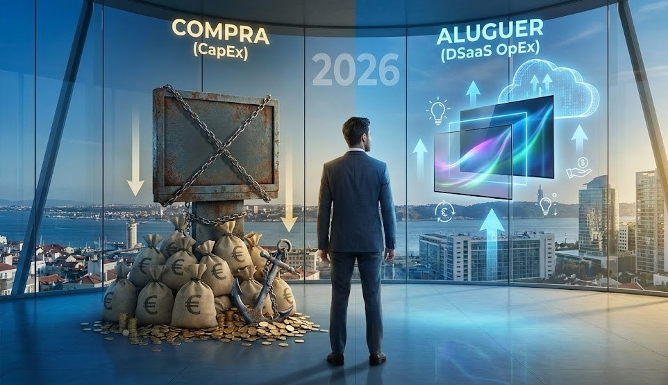 Imagem conceptual em escritório futurista com vista para a cidade em 2026. Um empresário observa uma divisão visual: à esquerda, "COMPRA (CapEx)" é representada por um cofre enferrujado e uma âncora sobre pilhas de euros, com setas a indicar declínio financeiro. À direita, "ALUGUER (DSaaS OpEx)" é ilustrado por ecrãs digitais modernos e ícones de nuvem, inovação e fluxo de caixa, com setas a indicar crescimento e flexibilidade.