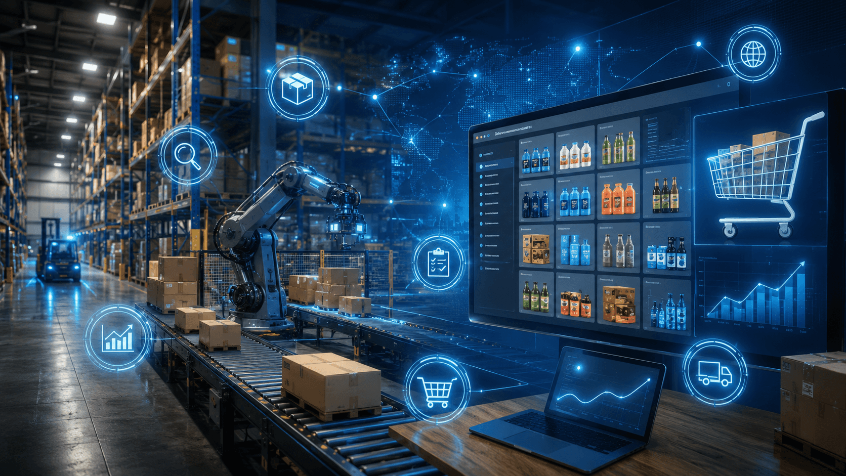 Centro de distribuição moderno e automatizado, com prateleiras, caixas em esteiras, braço robótico e telas digitais exibindo catálogo B2B, pedidos, logística e gráficos de crescimento, representando a digitalização e a escala das vendas online.