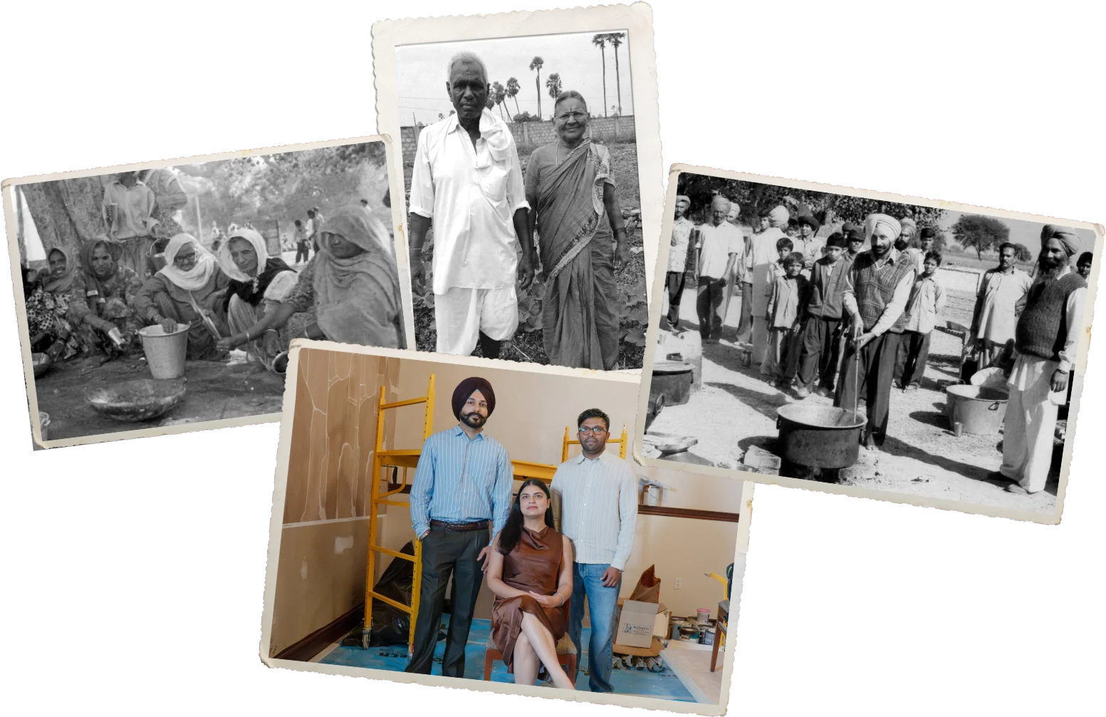 Black-and-white photographs of the founders' families, with a colour photograph of the three founders in the room that became Waaris