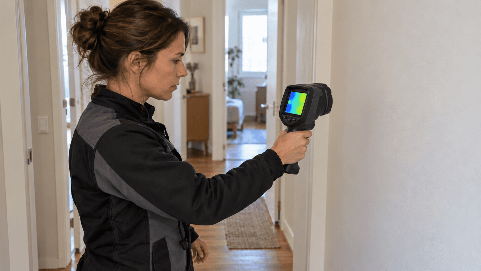 Une technicienne utilise une caméra thermique portative devant un mur intérieur dans un couloir.