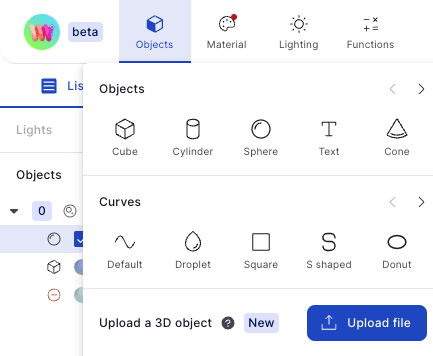 An overview of the different available shapes to choose from in the Womp workstation.