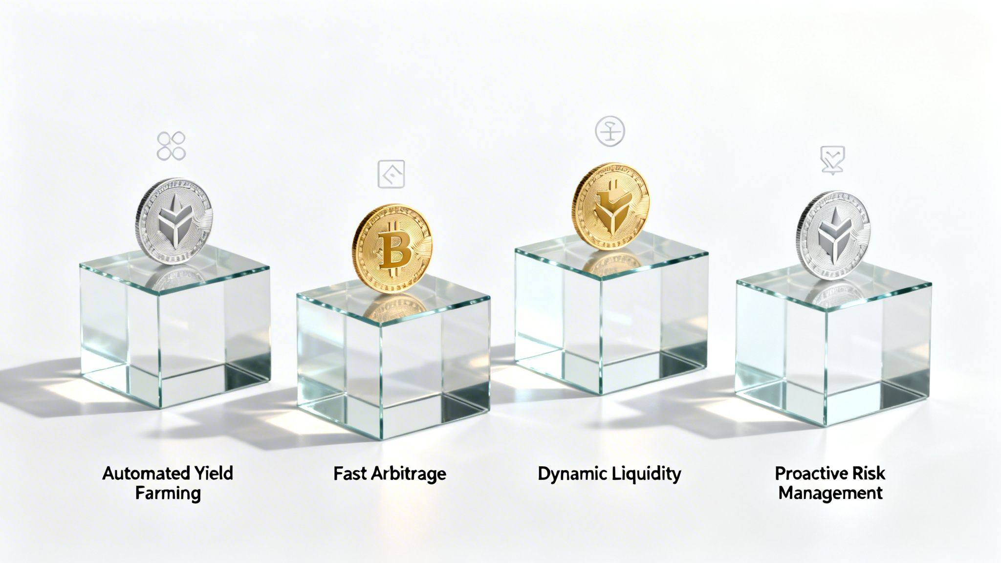 Four crypto coins on glass cubes representing Automated Yield Farming, Fast Arbitrage, Dynamic Liquidity, and Proactive Risk Management.