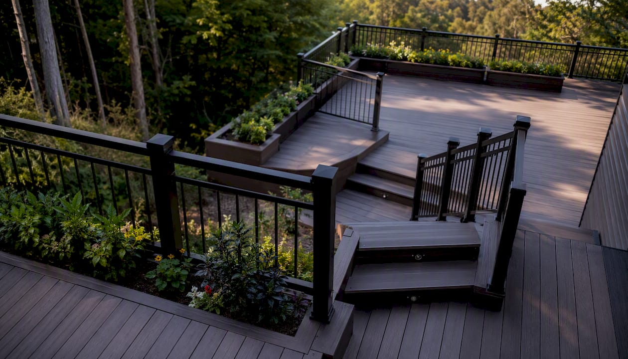 Terraced hillside multi-level decks with plant boxes