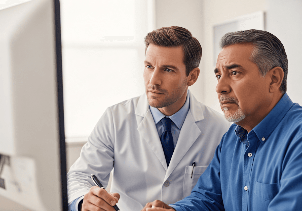 A doctor and patient discussing medical information on a computer screen in a professional setting.