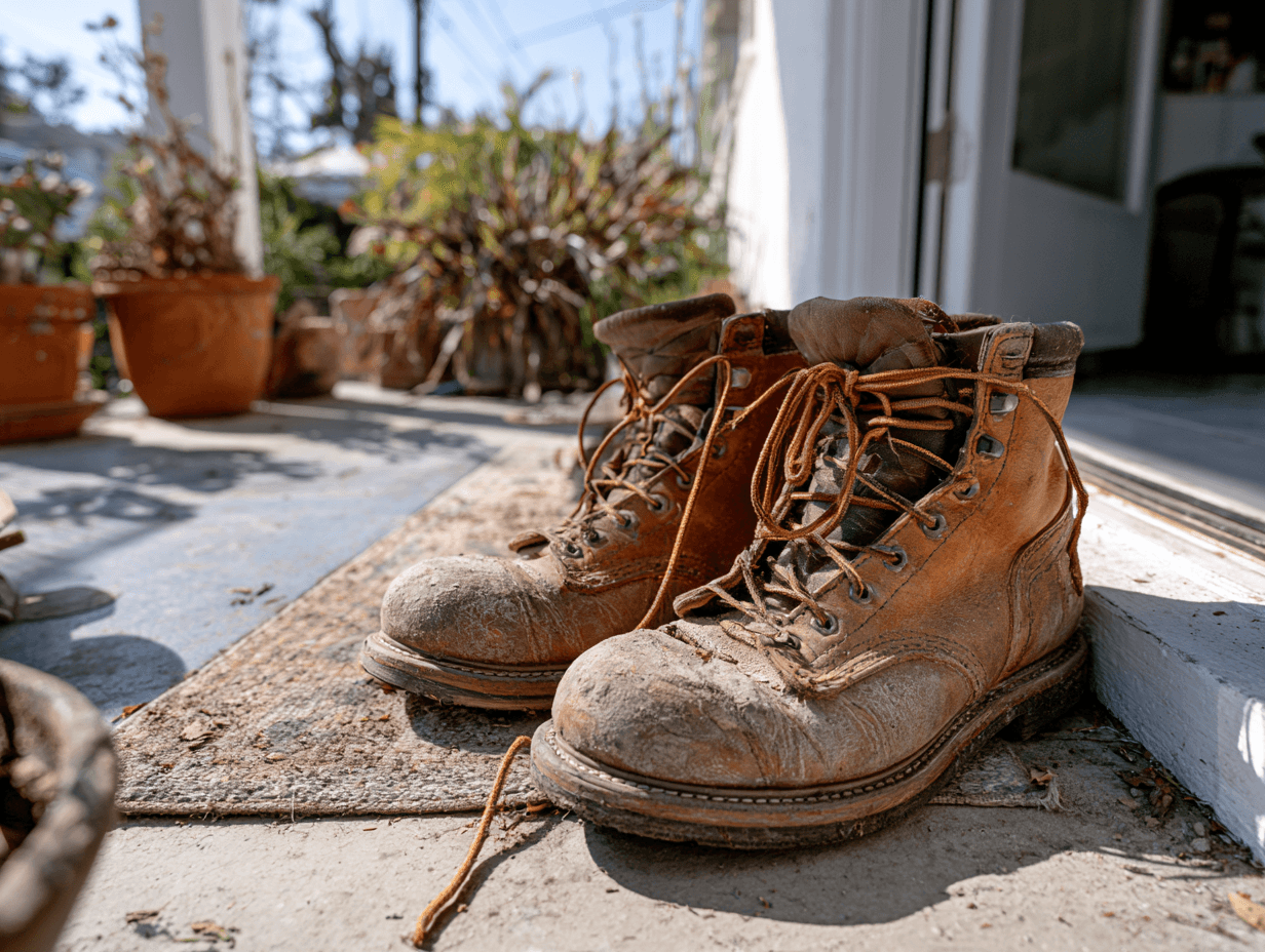 a dirty and used pair of boots on a nice clean porch
