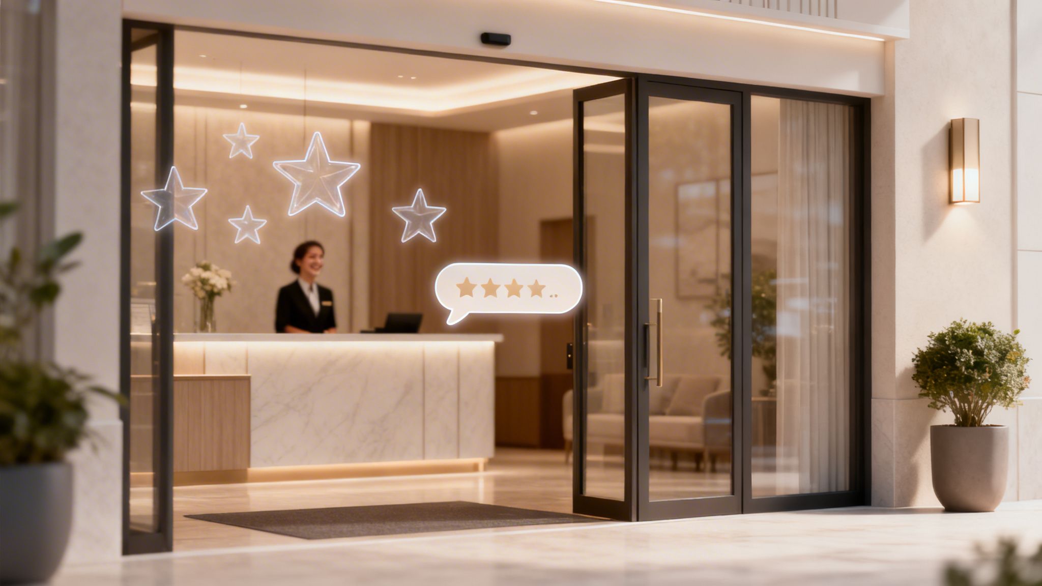 A welcoming hotel lobby entrance with a smiling receptionist and glowing five-star review icons.